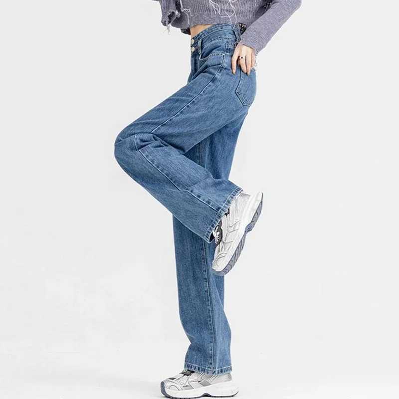New Woman Chic Double Buckle High Waist Jeans s Casual Baggy Wide Leg Pants Lady Korean Designer Straight Leg Denim Trousers M260317