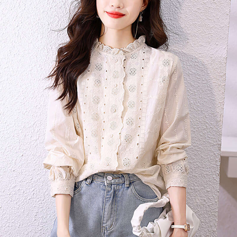 Women's Shirt 2026 Spring New Style Lace Trim Ruffle Collar Apricot Top Long Sleeve Embroidered Floral Pure Cotton Blouse