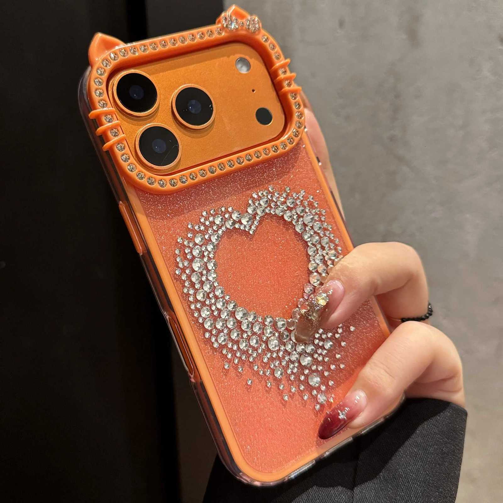Diamond Cat Ear Cover Funda For iPhone 17 Pro Max 16 Pro Rhinestone Cases For iPhone 15 Prax 14Pro 13Pro Shockroof Case C260314