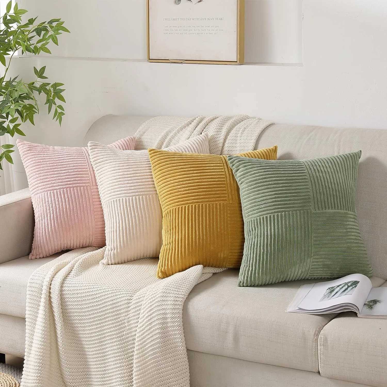 Beige Throw Pillow Covers 18inch Pillowcase Solid Corduroy Striped Cross Patchwork Textured Cushion Covers Home Decor for Couch D260317
