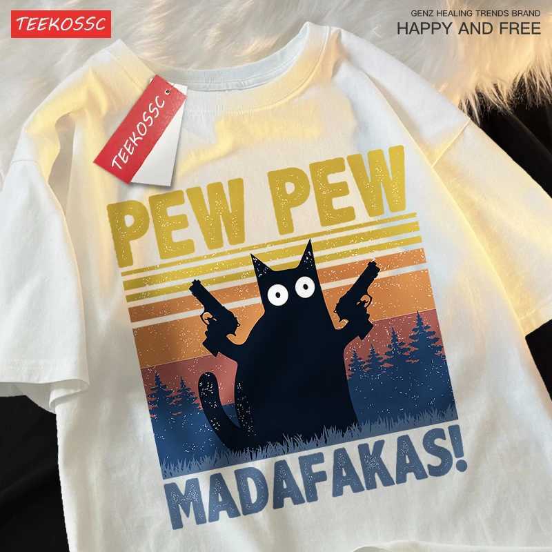 Pew Madafakas Double Gun Cat Short Sleeve Oversized Breathable T Shirts Cotton Summer Clothing Street Casual Tshirt Men M260317