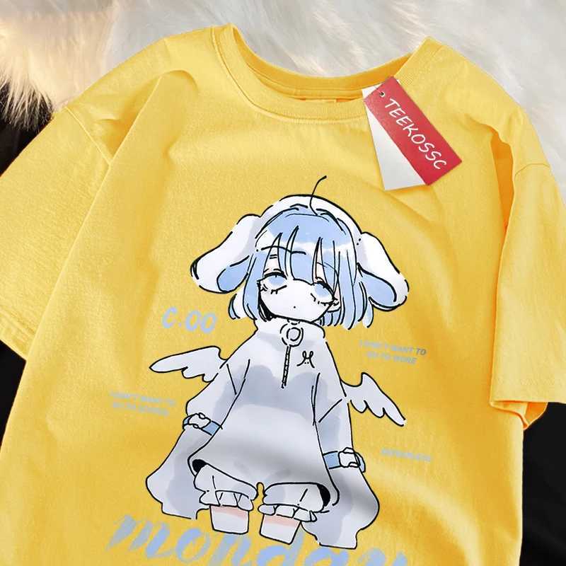 Monday Blue Cartoon Girl Print Japanese Style Male Tshirt Summer Loose Cotton T Shirt Street Tee Clothes Oversize Casual Tops M260317