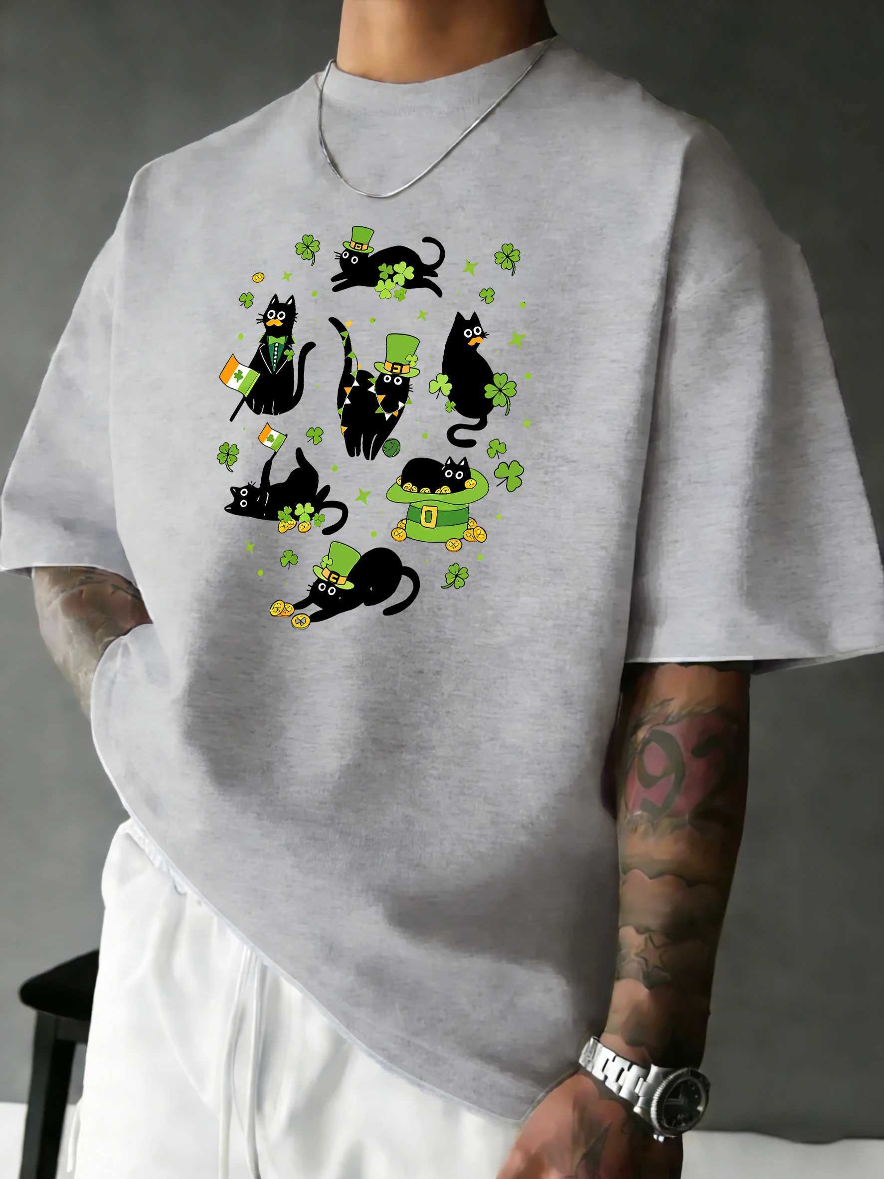 St PatrickS Day Black Catspattern Soft Tshirt Man Summer Beach Short Sleeve Comfortable Loose T-Shirt Cotton All-Match Clothes M260317