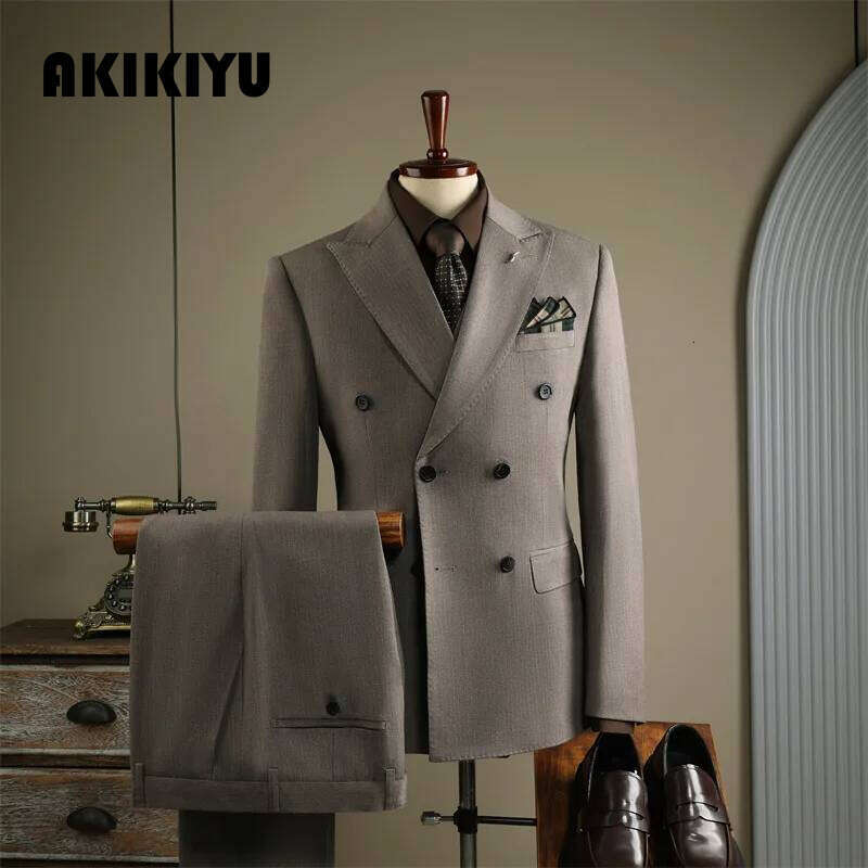 High Quality Mens Formal Business Slim Fit Double-Breasted Striped Suit Set Groom Wedding Dress Party Tuxedo Men's Clothing AKIKIYU