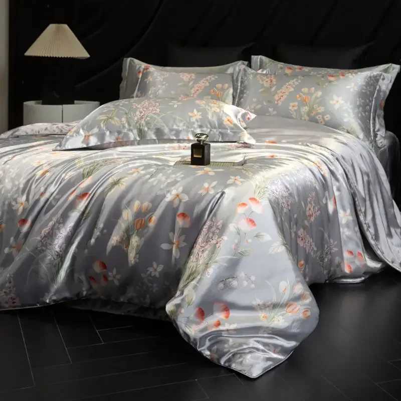 100 Natural Mulberry Silk Fitted Sheet Bedding Sets 3D Printed Satin Cooling Quilt Cover Set for Summer Single Double Bed Kit D260317
