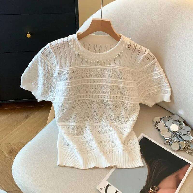 Spring Summer Thin Sweaters Women Tops Beading Flowers Hollow Out Pullovers Korean Fashion Solid Pulls Femmes