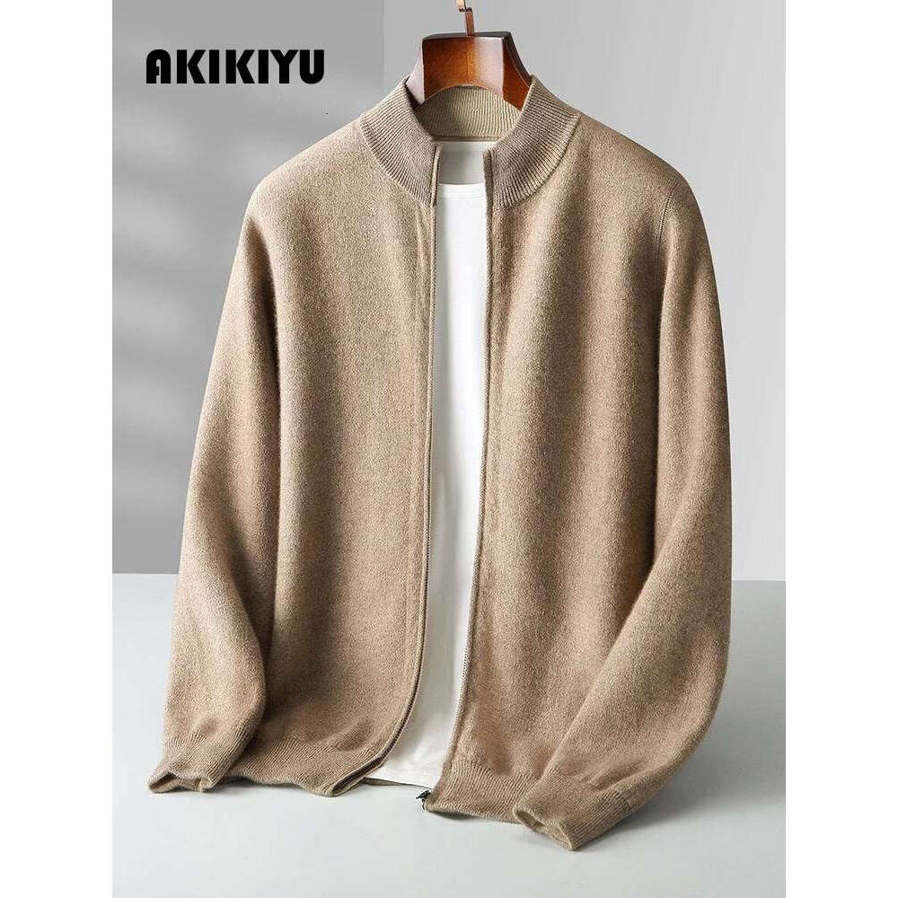New Luxury Men Zipper Cardigan Cashmere Sweater Autumn Winter Thick Smart Casual 100% Merino Wool Knitwear Double Sided Wearable AKIKIYU
