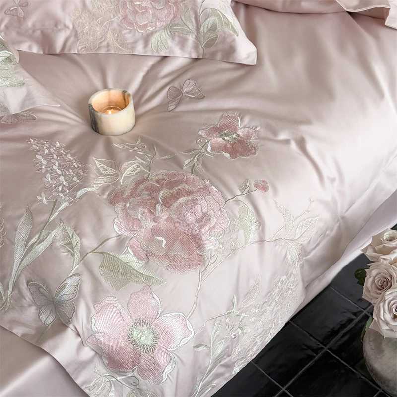 Premium 600TC Egyptian Cotton Luxury Flowers Butterfly Embroidery Pink Bedding Set Duvet Cover Flat/Fitted Sheet Pillowcase 4Pcs D260317