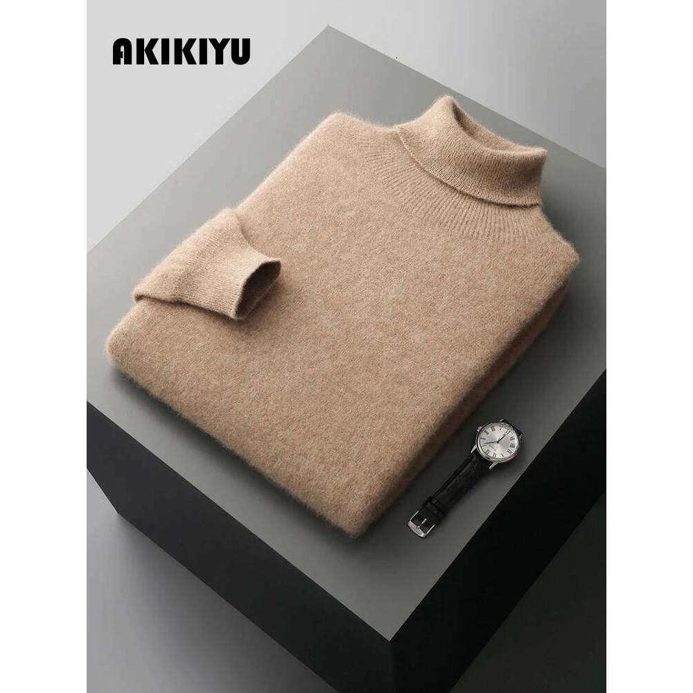 Autumn Winter Men's Sweater Turtleneck Long Sleeve Pullover Smart Casual 100% Merino Wool Knitwear Soft Warm Jumper Clothes AKIKIYU