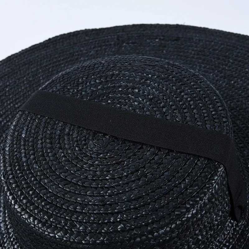 Black Wide Brim Flat Top Ribbon Straw Hat Summer Hats for Women Girl Boater Beach Cap with Chin Strap Outdoor Vacation Sun Hat H260317 - view 5