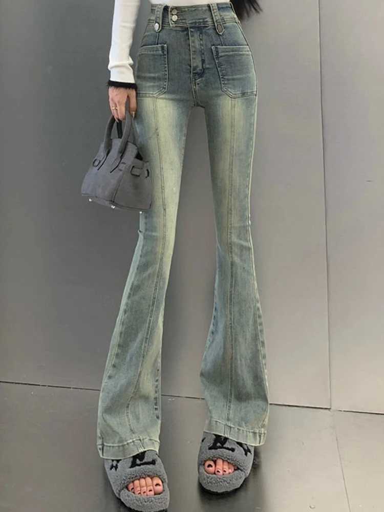 Female High Waist Elastic Micro Flared Woman Hong Kong Style Denim Bell Bottom Pants Woman Retro Blue Oversized Boot Cut Jeans M260317