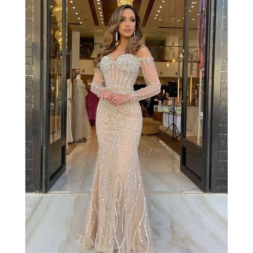 Elegant Champagne Sparkling Mermaid Evening Dubai Beaded Off Shoulder Long Sleeve Prom Party Dress Customization