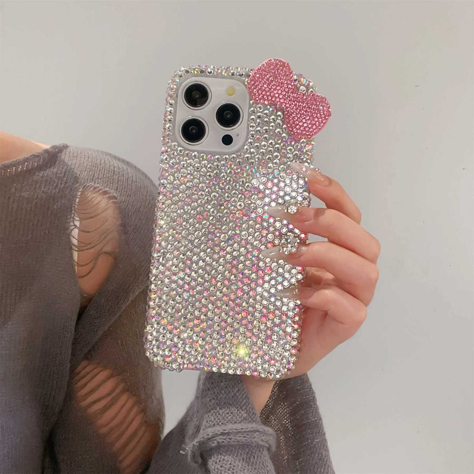 Luxury Korean Fashion Shining Fl Sn Rhinestone Bow Phone Case for iPhone 17 16 15 14 13 12 11 Pro Max Back Cover C260314