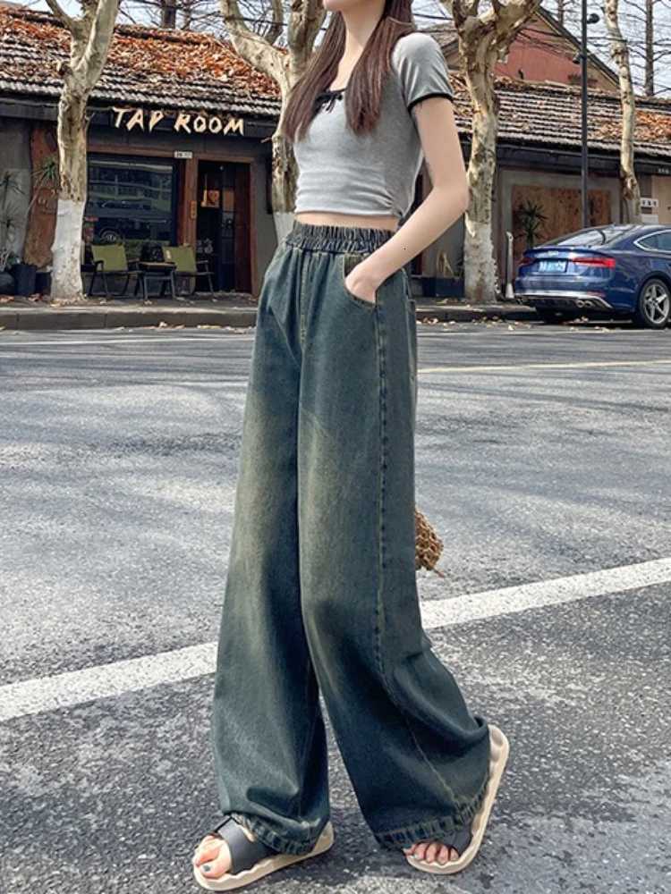 2026 Spring Summer Women Jeans Vintage Washed Spliced Elastic Waist Loose Female Tide Full-Length High Waist Wide Leg PantsT260317