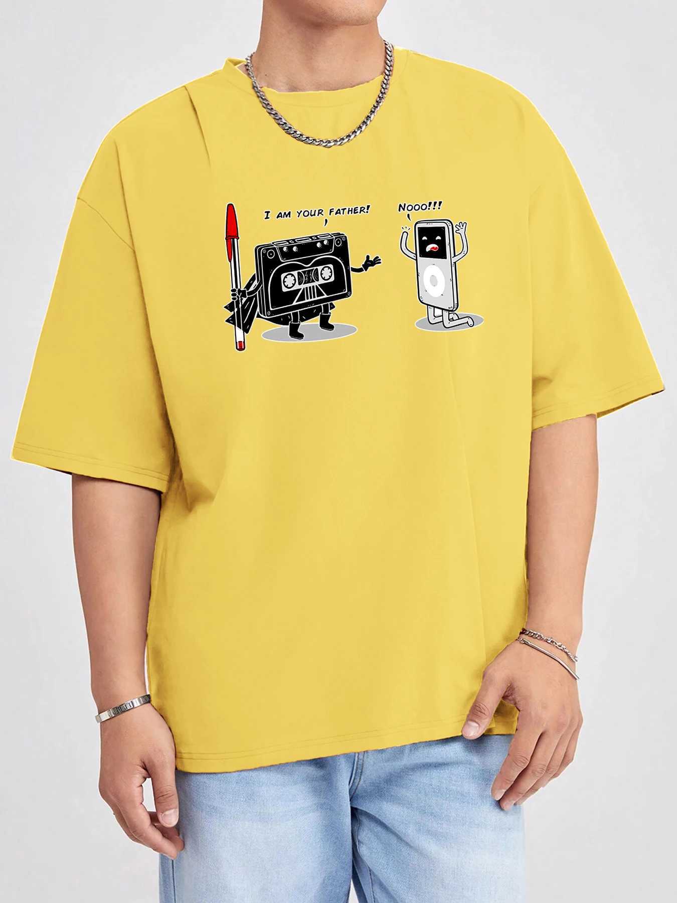 Cartoon Cassette Tape And Ipod Printed Mens Tops Cotton Summer T-Shirts Basics Hip Hop Tee Shirt Breathable O-Neck Short Sleeve M260317