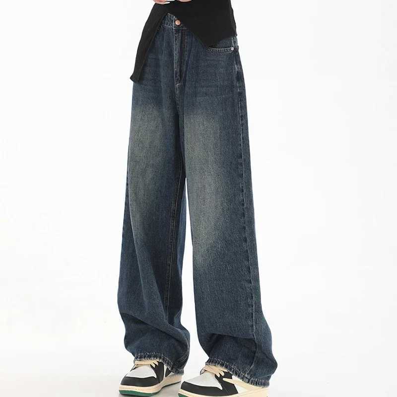 Woman High Waist Slim Fit Wide Leg Jeans Female High Street Y2k 2000s Casual Pants Lady Fashion Black Blue Loose Denim Trouserse M260317