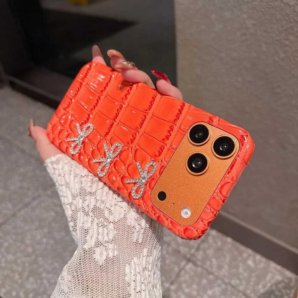 Luxury Diamond Bow Crocodile Grain Leather Phone Case For iPhone 17 11 12 13 14 15 16 Pro Max Shockproof Hard Protection Cover C260314