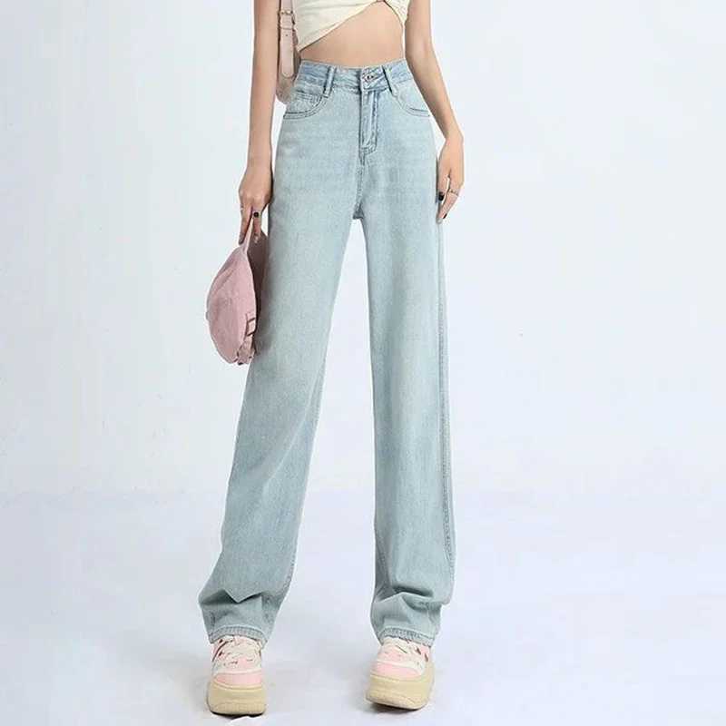 Female Light Blue High Waisted Jeans Pants Women Slim Fit Denim Long Pants s Narrow Straight Leg Jeans Trousers M260317