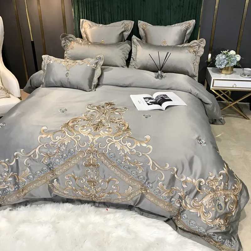 European style Egyptian 100 Cotton Bedding Set Golden Embroidery Home Textiles Duvet Sheet Pillowcases Set Full King Queen Size D260317