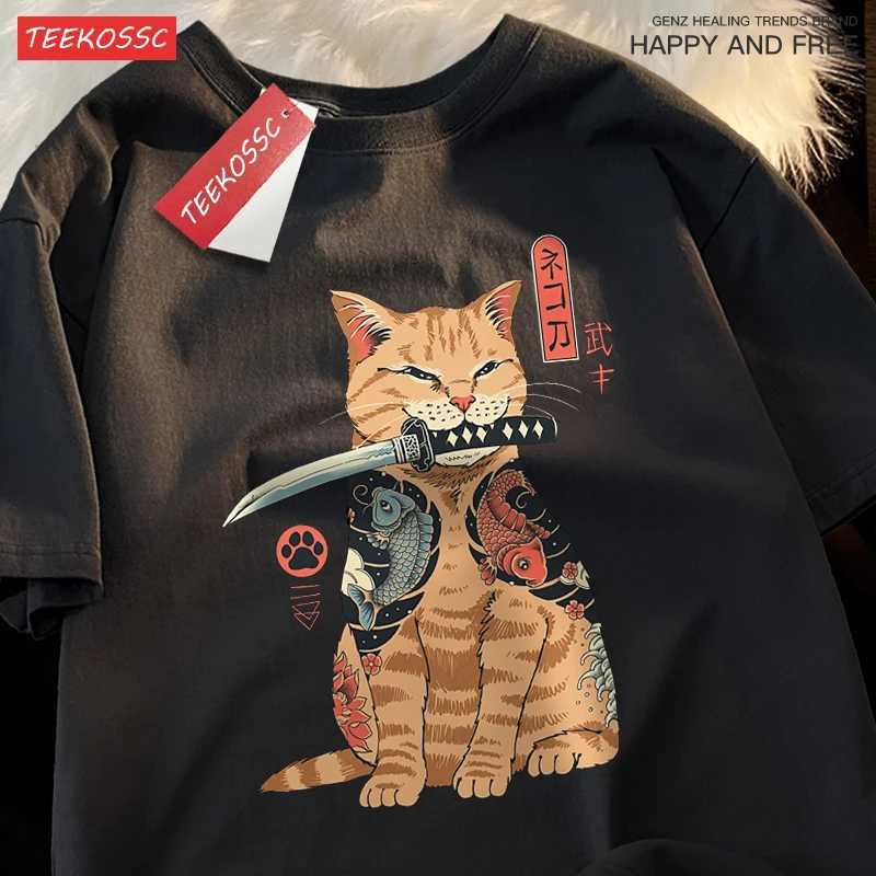 Japanese Harajuku Samurai Sword Cat T-Shirt Men Women Casual Tee Clothes Cotton Summer Tops Breathable Oversized T-Shirts Couple M260317