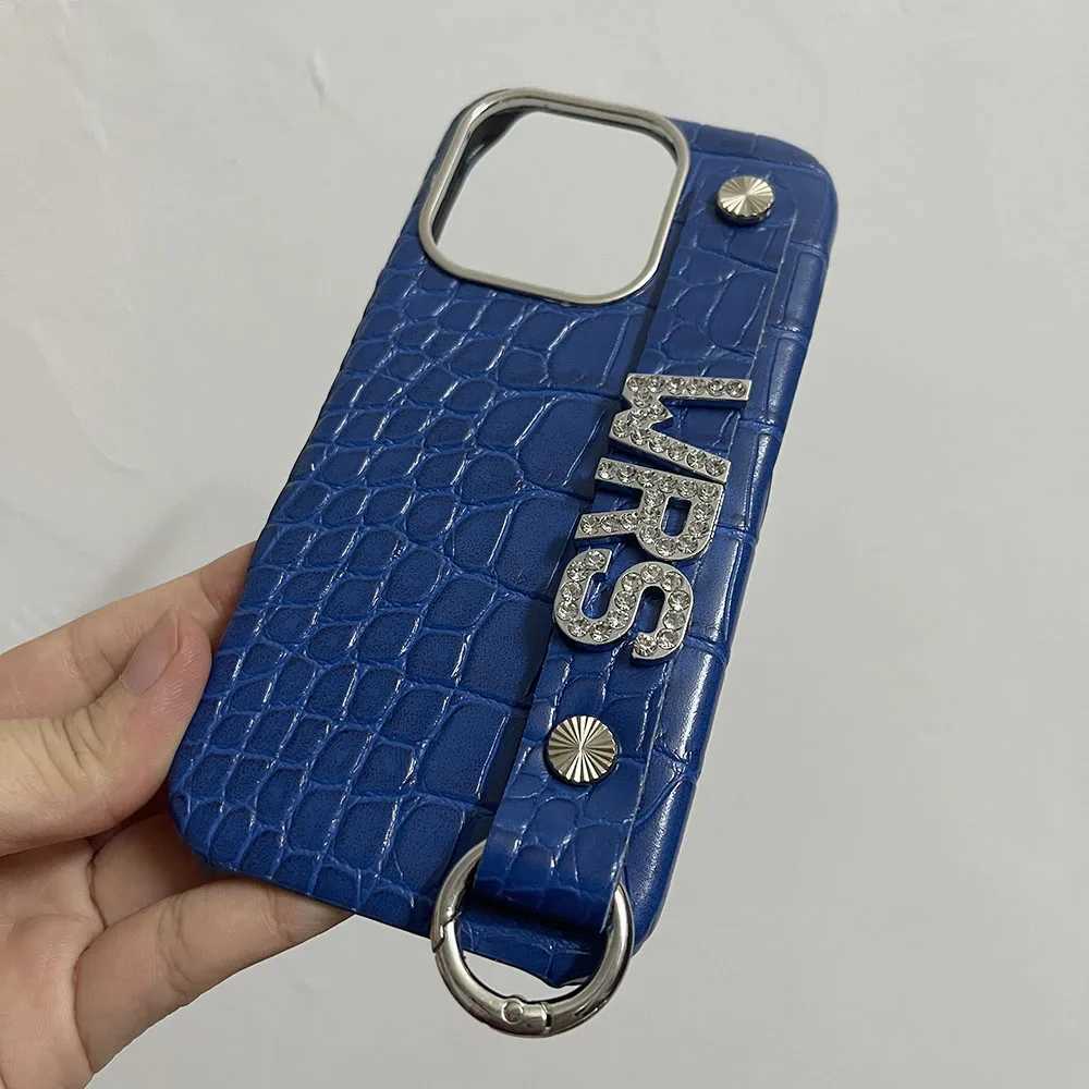 Holding Strap Personalised Cust Name Silve Metal Letters Leather Phone Case For Iphone 14 13 12 11 Pro Max 16prax Cover C260314