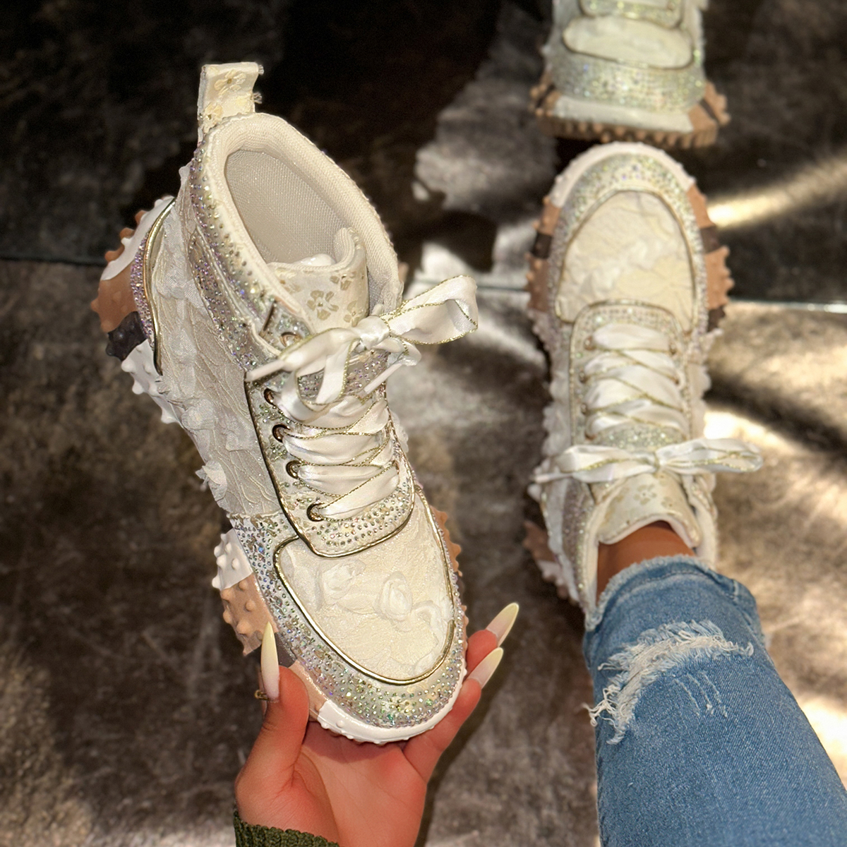 Fashion Luxury Womens Shoes Velcro Strap Women's Height Enhancement Sneakers Shining Water Diamond Vulcanized Shoes Designer Casual Sneakers Zapa