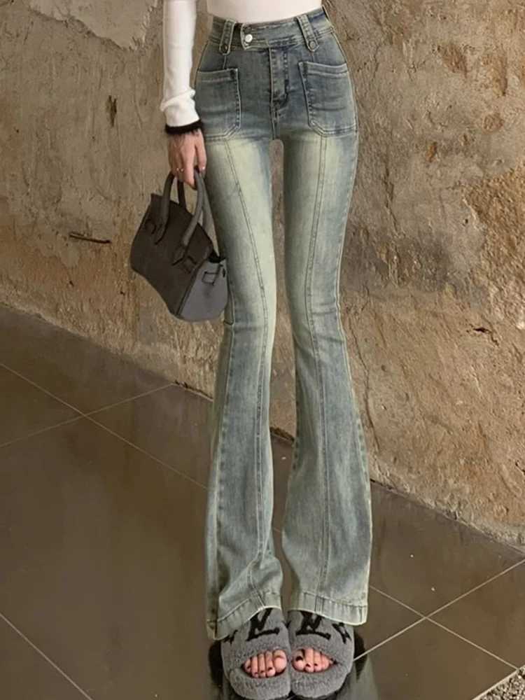 Female High Waist Elastic Micro Flared Woman Hong Kong Style Denim Bell Bottom Pants Woman Retro Blue Oversized Boot Cut Jeans M260317