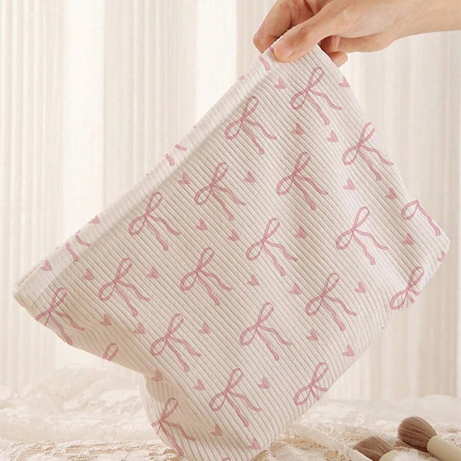 & Designed Minimally Pink Bow Pattern Printed Corduroy Zipper Makeup Bag Lightweight And Multifunctional Cosmetic Storage Bag