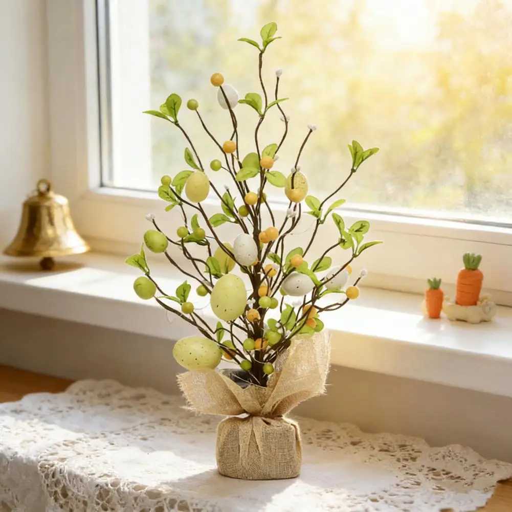 Pre-lit Easter Egg Tree with Burlap Base Battery Powered Easter Birch Tree with LED Light for Home Table Spring Party Decoration H260316