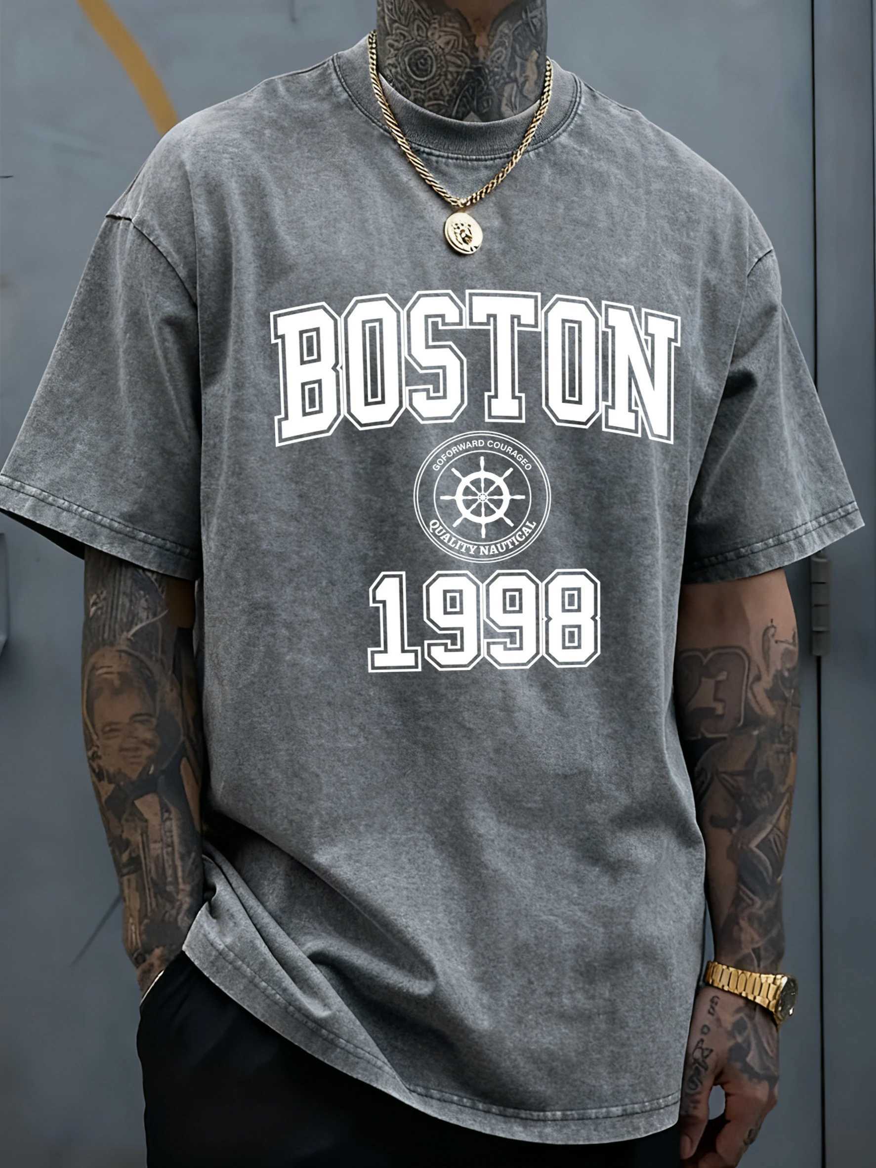 Boston City 1998 Art Letter Prints Man Summer Washed Tee Shirt Sport Soft T Shirts Cotton Loose Clothing Trendy All-Match Top M260317