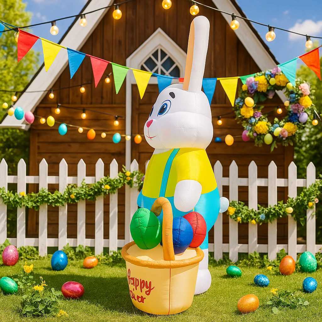 7FT Easter Inflatable Rabbit Carry Basket Decor LED Lights Festive Airblown Yard Ornament Easter Decorations Easter Inflatable H260316