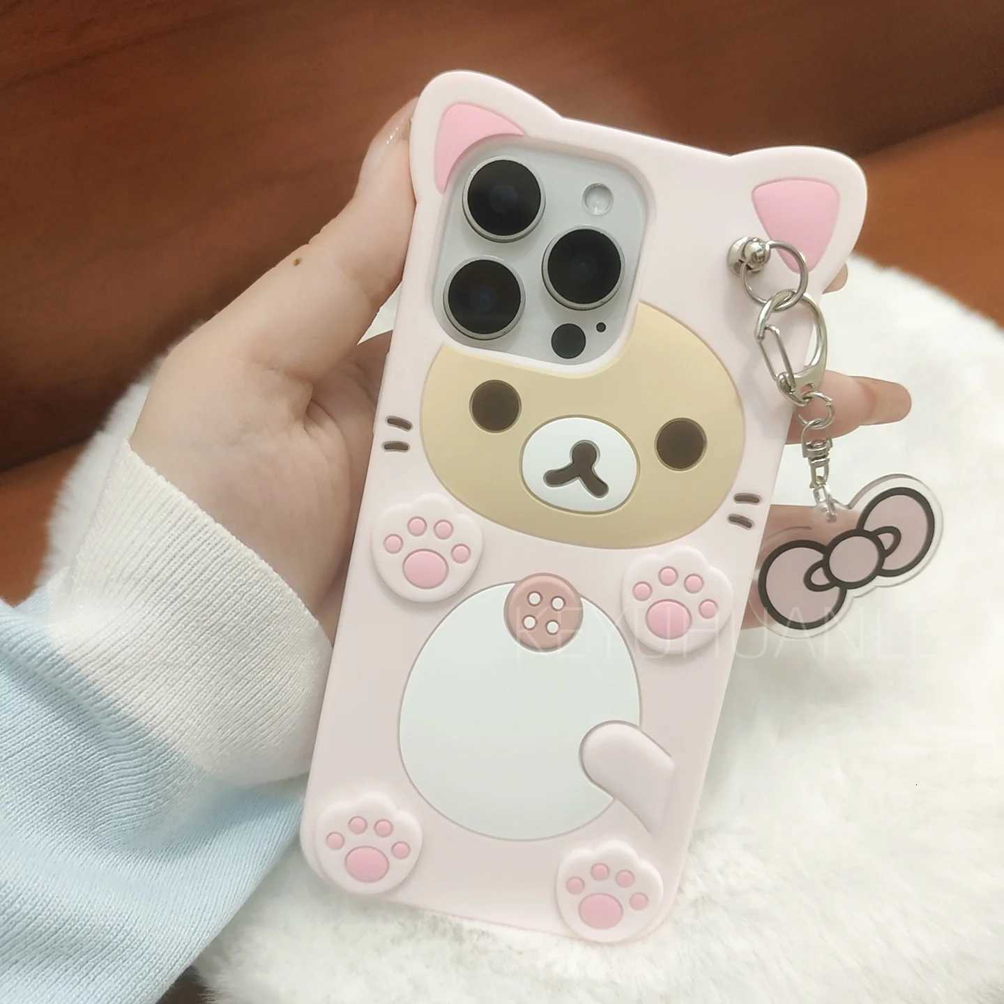 Cute Cartoon 3D Rilakkuma Phone Case For iPhone 17 16 15 14 13 12 11 Pro X XS Max XR 6 7 8 Plus 5 5S SE Key Chain Pendant Cover C260314