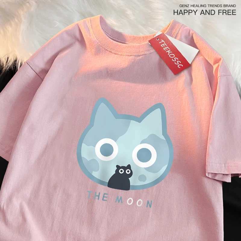 The Moon Blue Cat Fun Japanese Style Men Women T-Shirts Cotton Oversized Short Sleeve Shirt Loose T-Shirt Breathable Casual Tops M260317