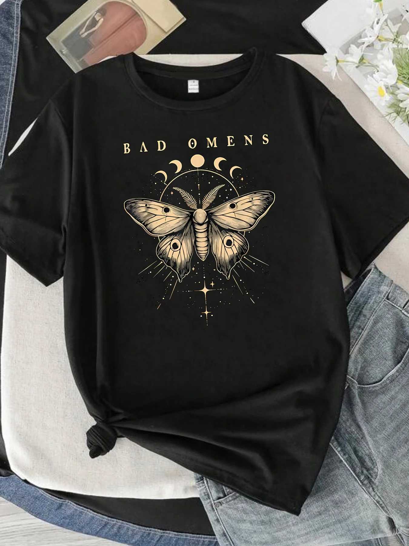 BAD OMENS letter pattern round neck womens T-shirt short sleeve fashion print half sleeve shirt stretch T-shirt M260317