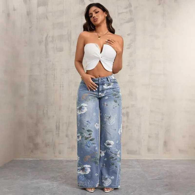 Baggy Pants High Waisted Jeans Womens Gothic Style Mid-Waist Printed American Loose Versatile Design Denim JeansT260317