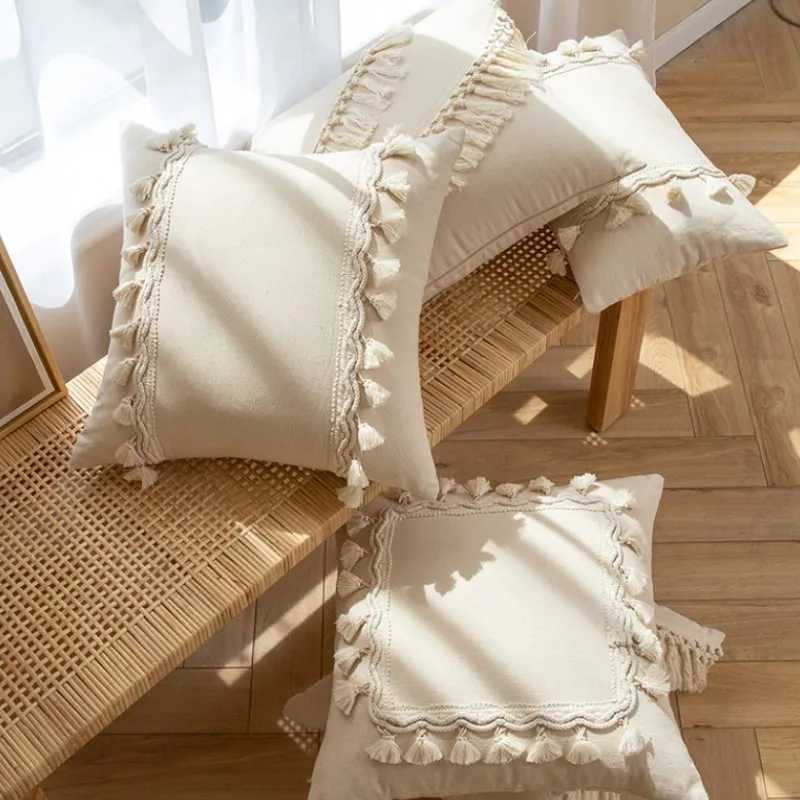 30x50cm 45x45cm Tassel White Throw Pillow Cover Cotton Linen Farmhouse Lumbar Pillowcase Indoor Outdoor Decorative Cushion Cover D260317