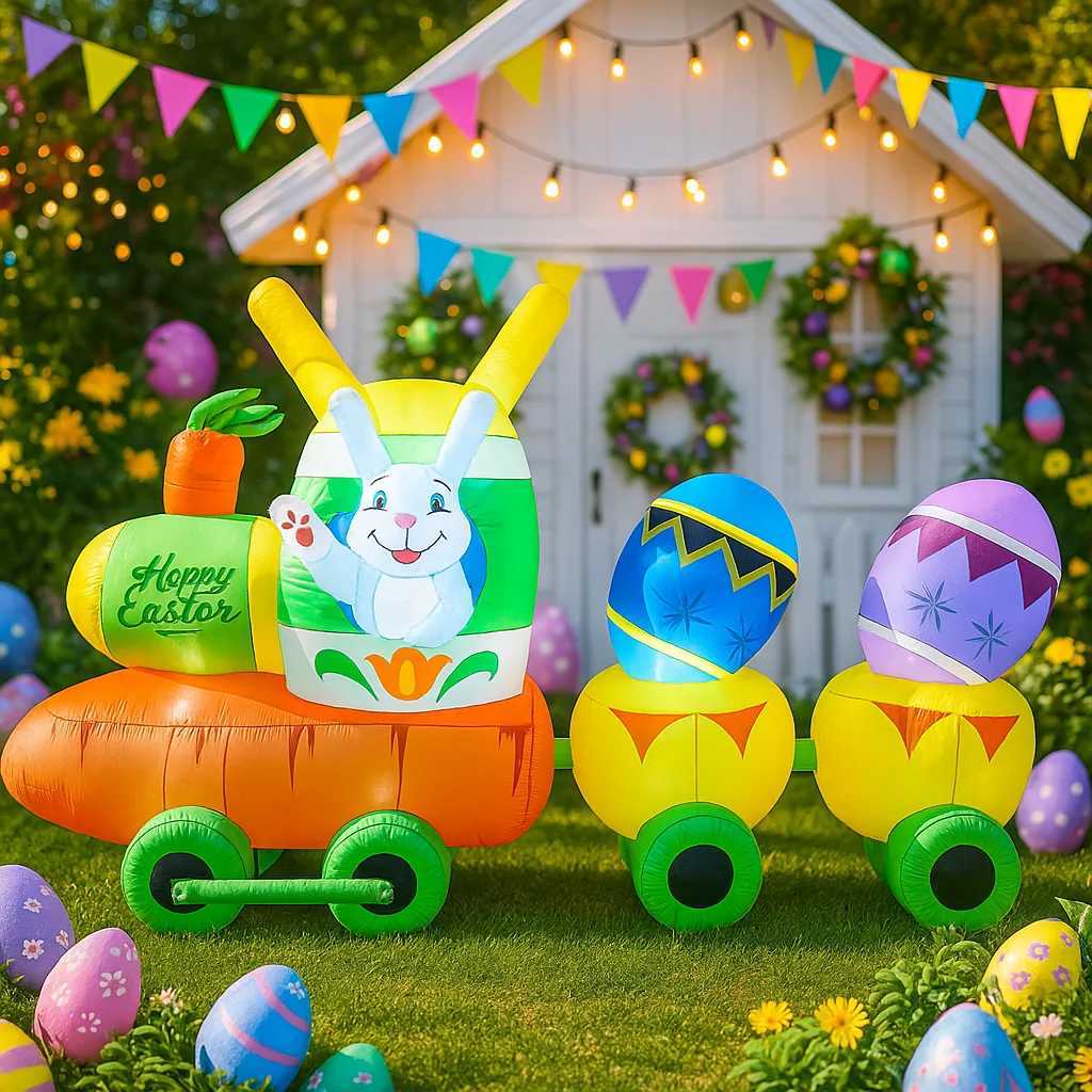 Happy Easter Outdoor Holiday Decorations Easter Egg Rabbit Decor Built-in LED Lights Inflatable Model Yard Garden Party Props H260316