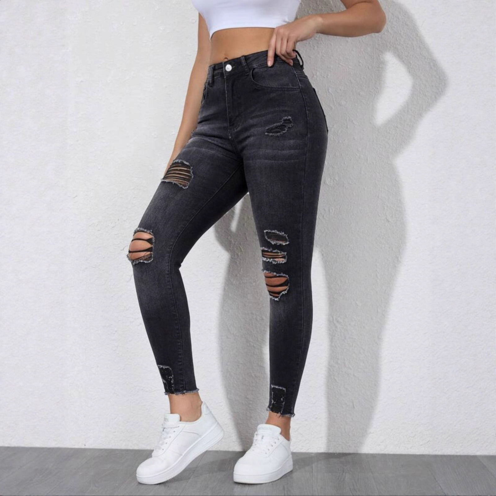 Blue Ripped Holes Skinny Jeans Slim Fit High Stretch Distressed Tight Jeans Womens Denim Jeans Clothing 241107