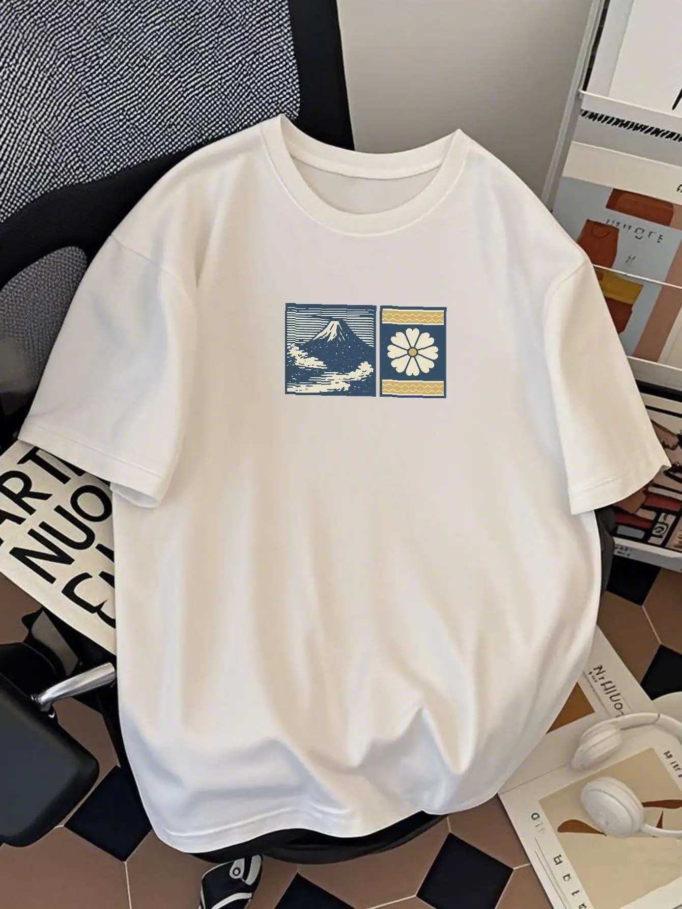 New Summer Men Loose T-shirt with Japanese Waves and Sun Patterns 100 Pure Cotton Versatile and Trendy Fashionable Comfortable M260317