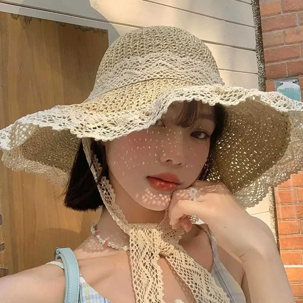 Sweet Lace Sun Hat Women Summer Hollow Straw Hat Outdoor Travel Sun Cap Beach Sunscreen Hat Sweet Fishermans Cap H260317 - view 5