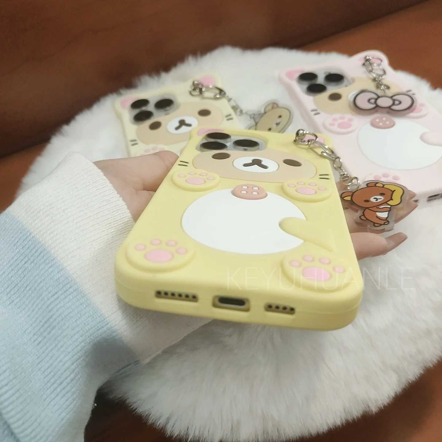 Cute Cartoon 3D Rilakkuma Phone Case For iPhone 17 16 15 14 13 12 11 Pro X XS Max XR 6 7 8 Plus 5 5S SE Key Chain Pendant Cover C260314
