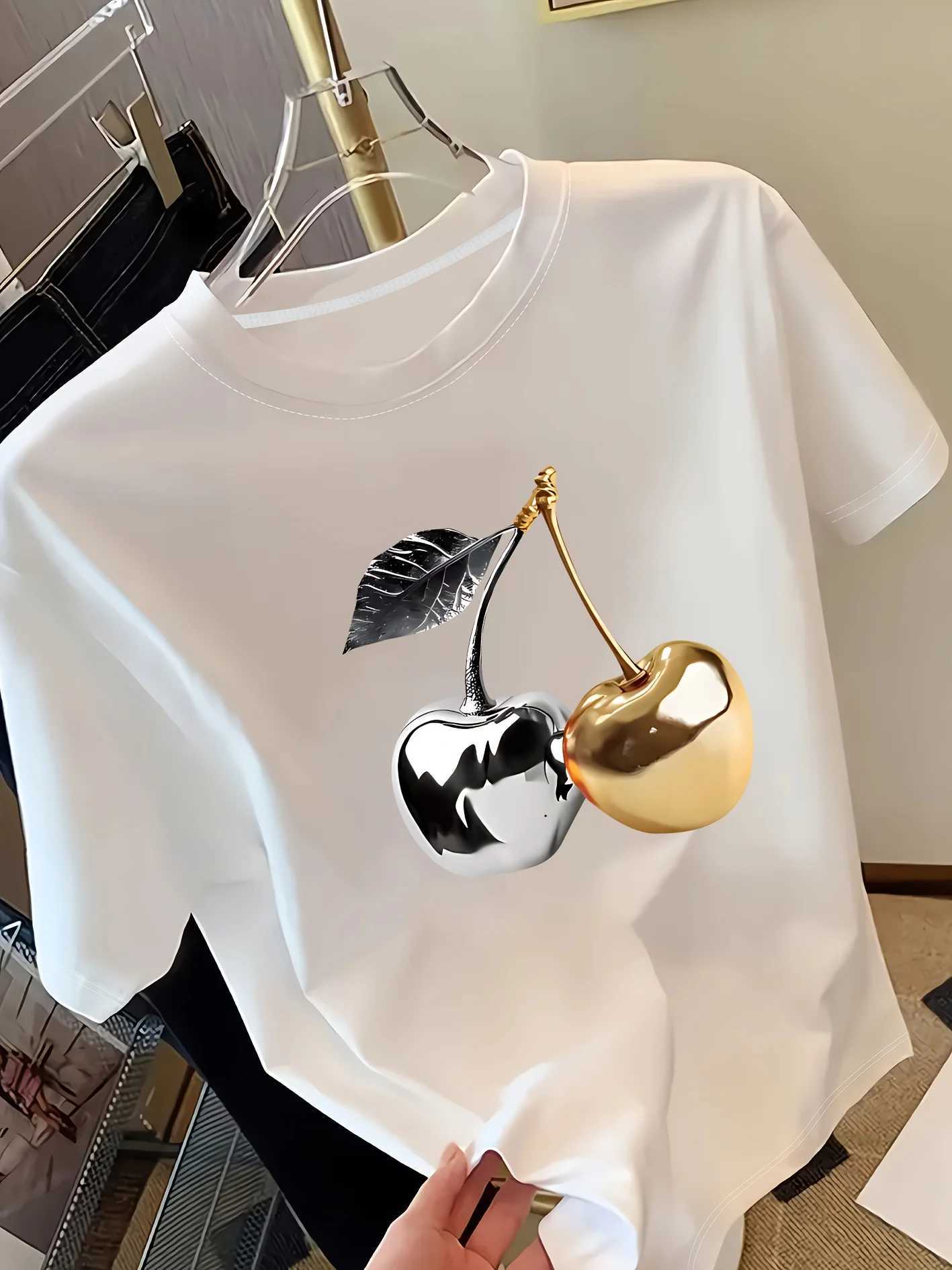 Golden Cherry Print Women Short Sleeve T-Shirt Stylish Casual Tee a Sense of Elegance Versatile Top for Women Minimalist Design M260317