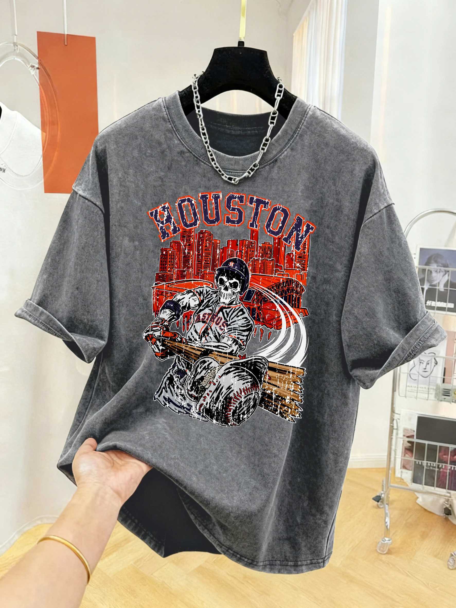 Houston Skeleton Pattern Male Sport Washed T Shirts Cotton All-Match T-Shirt Loose Crewneck Short Sleeve Street Comfy Streetwear M260317