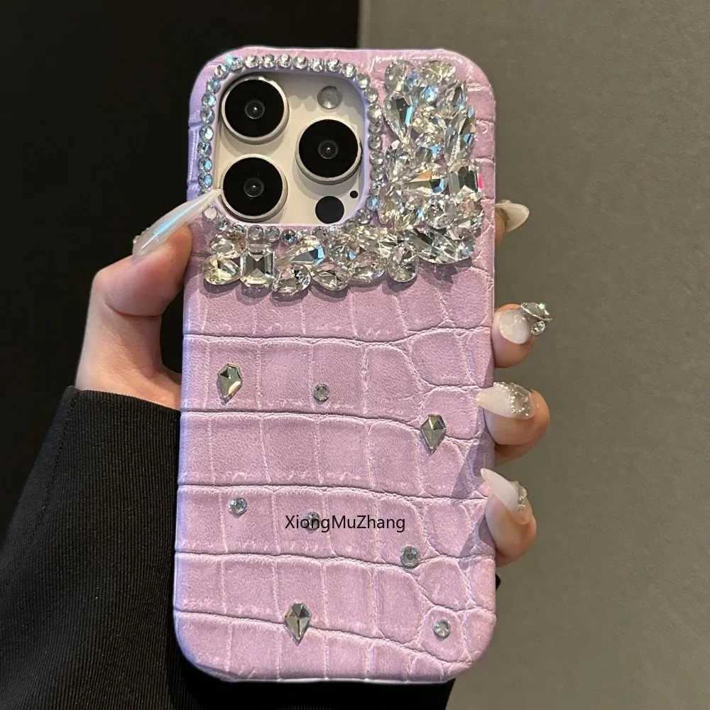 Purple Crocodile Pattern Luxury Rhinestone Shockproof Case for IPhone 15Pro Max 14 13 12 Prax Cust Wem Girl Cover C260314