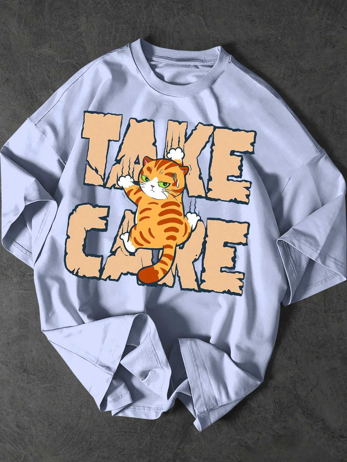 Men Fashionable Summer T-shirt with Orange Cat Pattern Trendy and Versatile Suitable Casual Daily Wear 100 Pure Cotton Material M260317