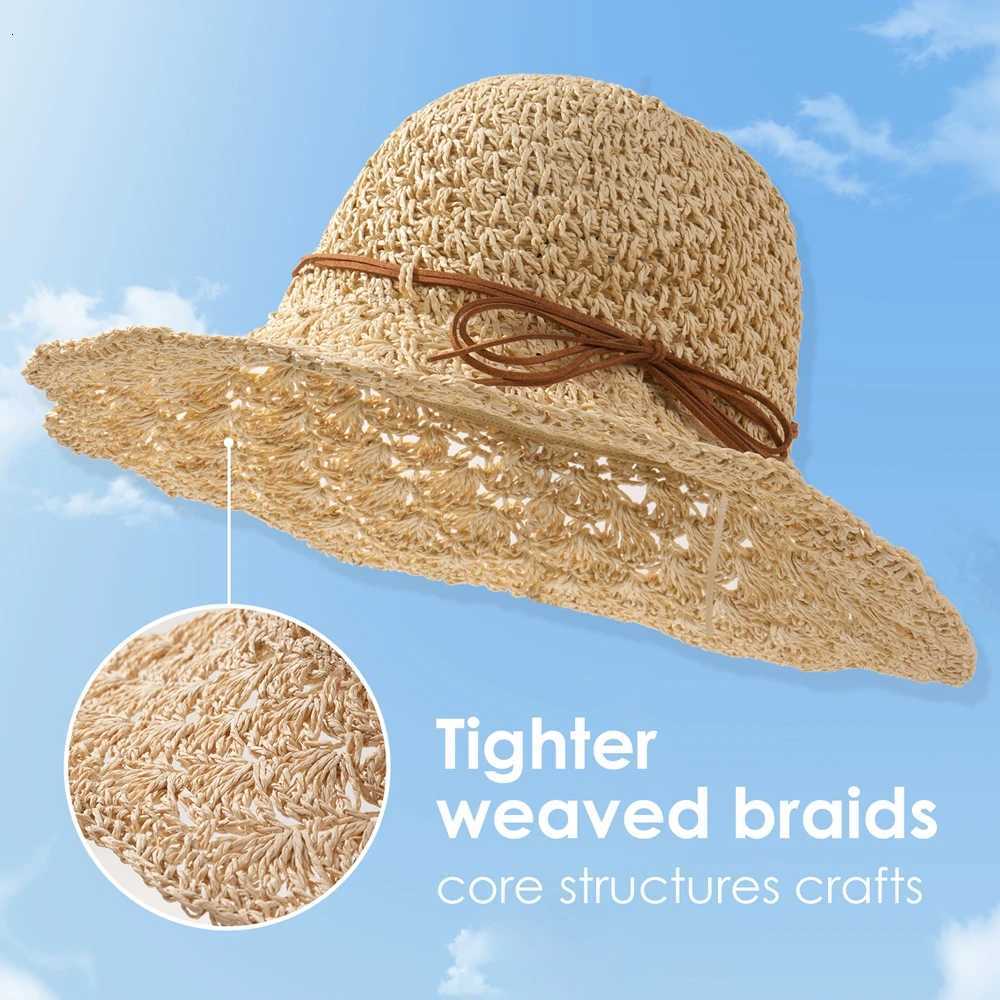 Womens Crochet Straw Hat with Bowknot Wide Brim Summer Sun Hat for Beach Travel Outdoor Activities Breathable Floppy Straw H260317 - view 3