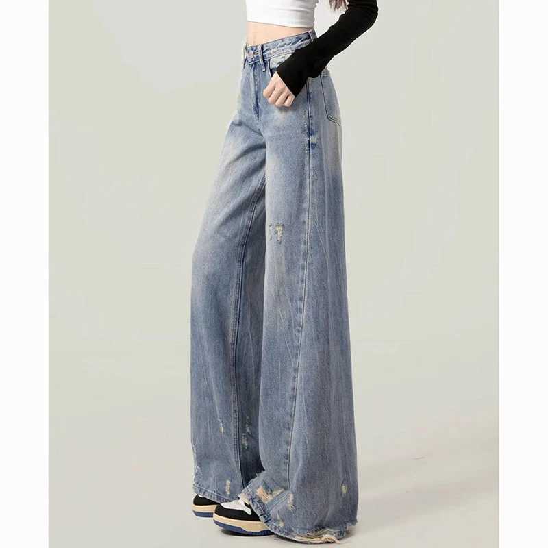 s Korean High Waist Loose Fit Jeans Women New Fashion Straight Leg Denim Trousers Lady Vintage Ripped Blue Thin Pants M260317