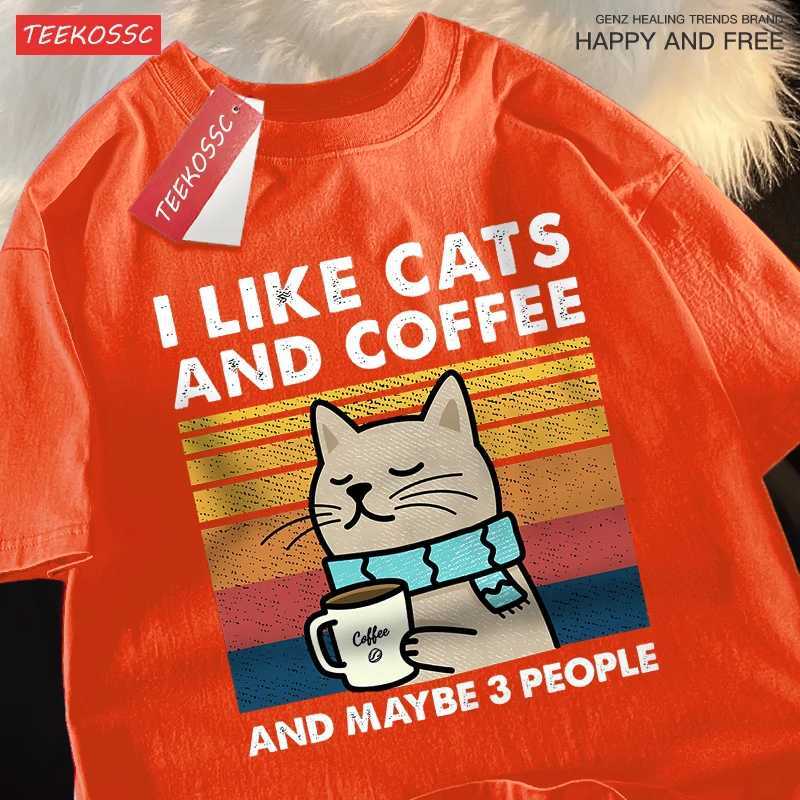I Like Cats And Coffee Men Women T-Shirt Cotton Tee Clothes Hip Hop Loose Tshirt Fashion Crewneck T-Shirt Streetwear Couple M260317
