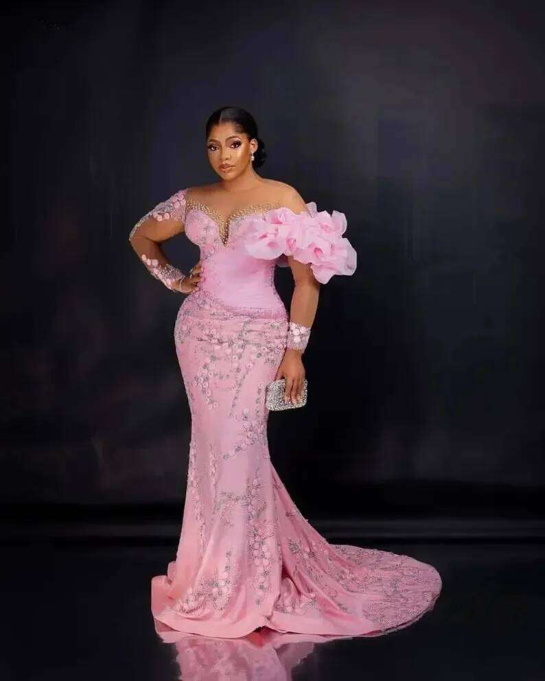 Pink Mermaid Evening Flower Embroidery Long Sleeve Ball Party Luxury Women's Birthday Dress Customization - view 3