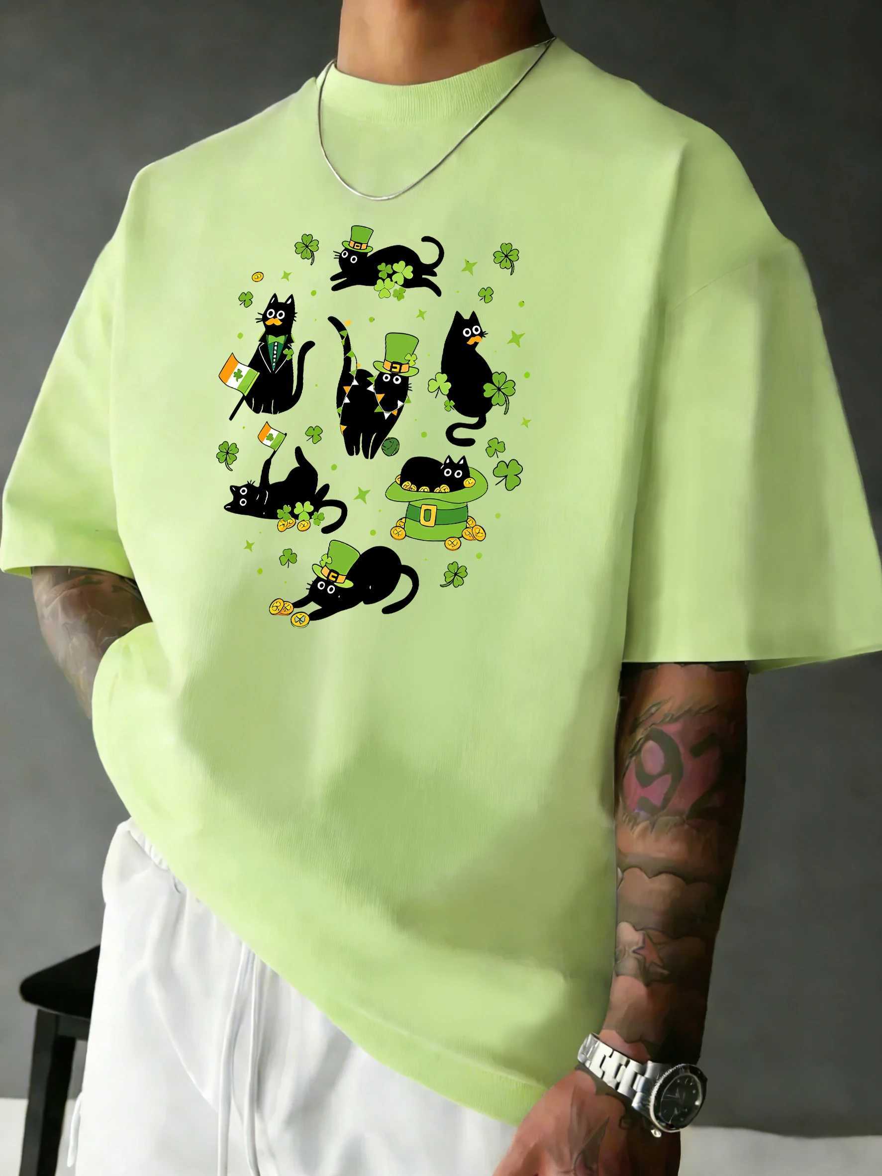 St PatrickS Day Black Catspattern Soft Tshirt Man Summer Beach Short Sleeve Comfortable Loose T-Shirt Cotton All-Match Clothes M260317